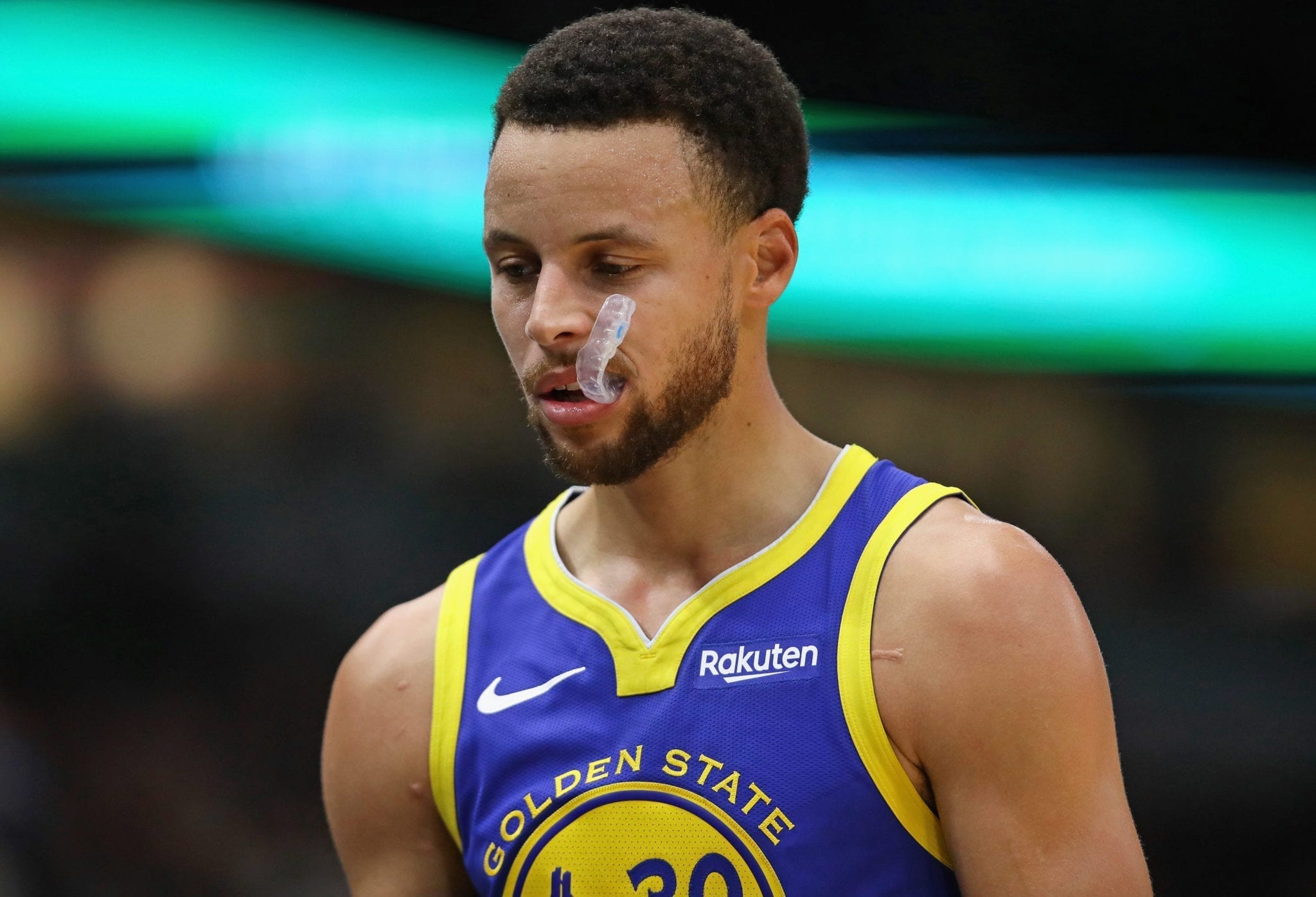 CHICAGO, IL - OCTOBER 29: Stephen Curry #30 of the Golden State Warriors walks back to the bench during a game against the Chicago Bulls at the United Center on October 29, 2018 in Chicago, Illinois. The Warriors defeated the Bulls 149-124. NOTE TO USER: User expressly acknowledges and agrees that, by downloading and/or using this photograph, User is consenting to the terms and conditions of the Getty Images License Agreement. (Photo by Jonathan Daniel/Getty Images)