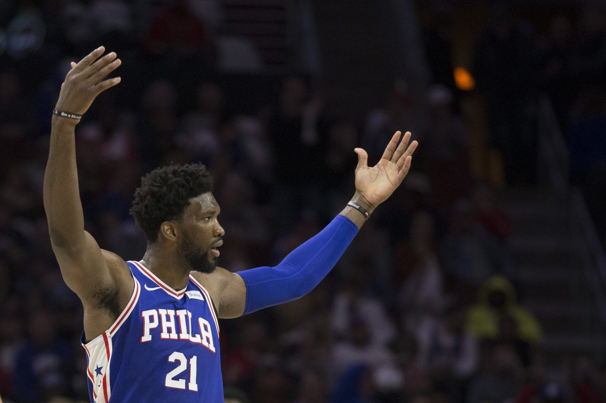 PHILADELPHIA, PA - OCTOBER 18: Joel Embiid #21 of the Philadelphia 76ers reacts against the Chicago Bulls at the Wells Fargo Center on October 18, 2018 in Philadelphia, Pennsylvania. NOTE TO USER: User expressly acknowledges and agrees that, by downloading and or using this photograph, User is consenting to the terms and conditions of the Getty Images License Agreement. (Photo by Mitchell Leff/Getty Images)