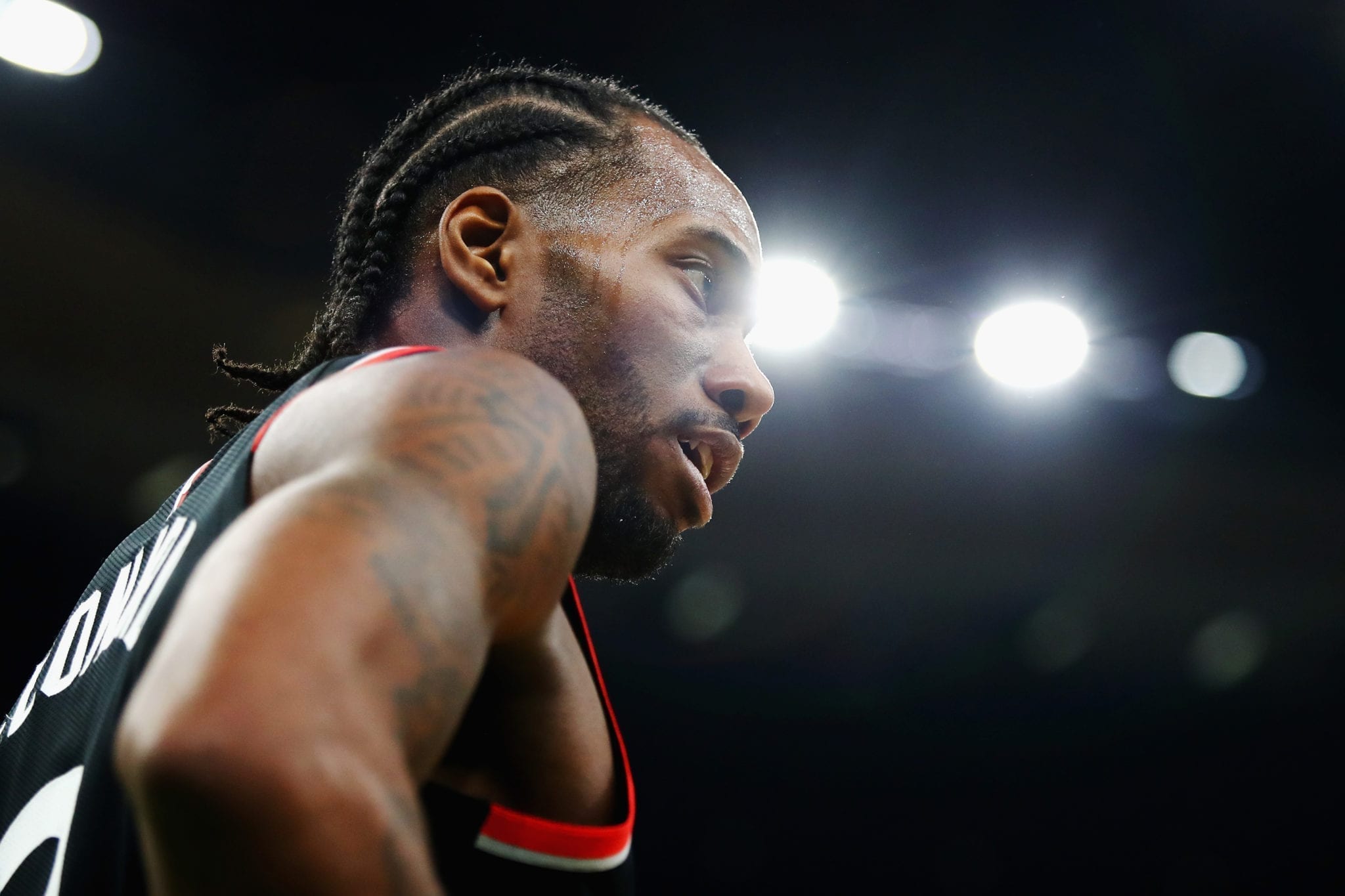 BOSTON, MA - NOVEMBER 16: Kawhi Leonard #2 of the Toronto Raptors looks on during the first half against the Boston Celtics at TD Garden on November 16, 2018 in Boston, Massachusetts. (Photo by Tim Bradbury/Getty Images)