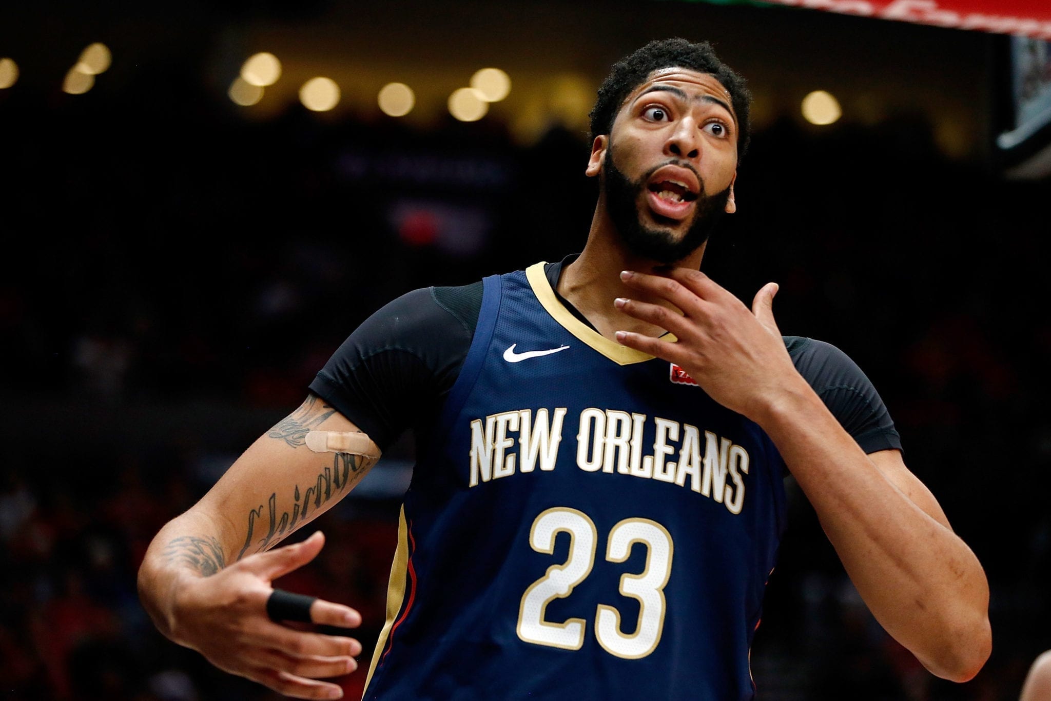 PORTLAND, OR - APRIL 17: Anthony Davis #23 of the New Orleans Pelicans complains to the official against the Portland Trail Blazers during Game One of the Western Conference Quarterfinals during the 2018 NBA Playoffs at Moda Center on April 17, 2018 in Portland, Oregon. NOTE TO USER: User expressly acknowledges and agrees that, by downloading and or using this photograph, User is consenting to the terms and conditions of the Getty Images License Agreement. (Photo by Jonathan Ferrey/Getty Images)