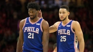 Joel Embiid and Ben Simmons playing.