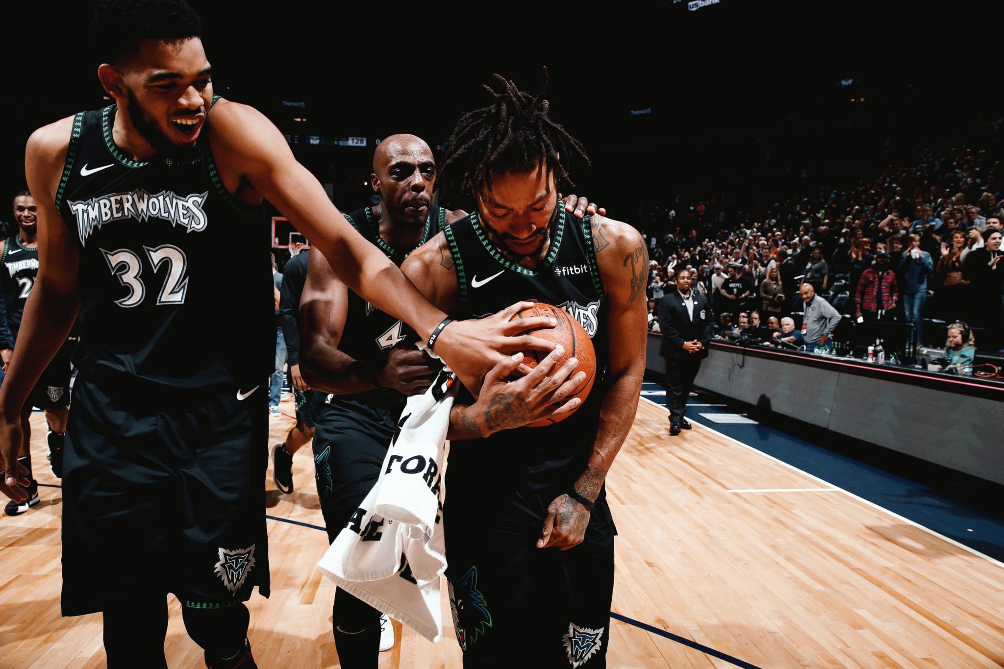 REDEMPTION: Derrick Rose breaks down in tears after overcoming years of devastating to score a career-high 50 points in a remarkable win over the Utah Jazz (October 31, 2018).