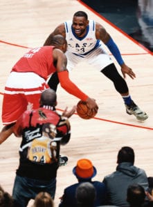 GOAT VS GOAT: LeBron James guards Kobe Bryant during Bryant’s last ever All-Star Game (February 14, 2016).