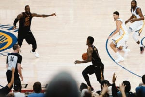 WRONG WAY: LeBron James watches his 51-point performance in Game 1 of the 2018 NBA Finals go up in flames as JR Smith inexplicably runs away from Cleveland’s basket in the dying seconds of the game (May 31, 2018).