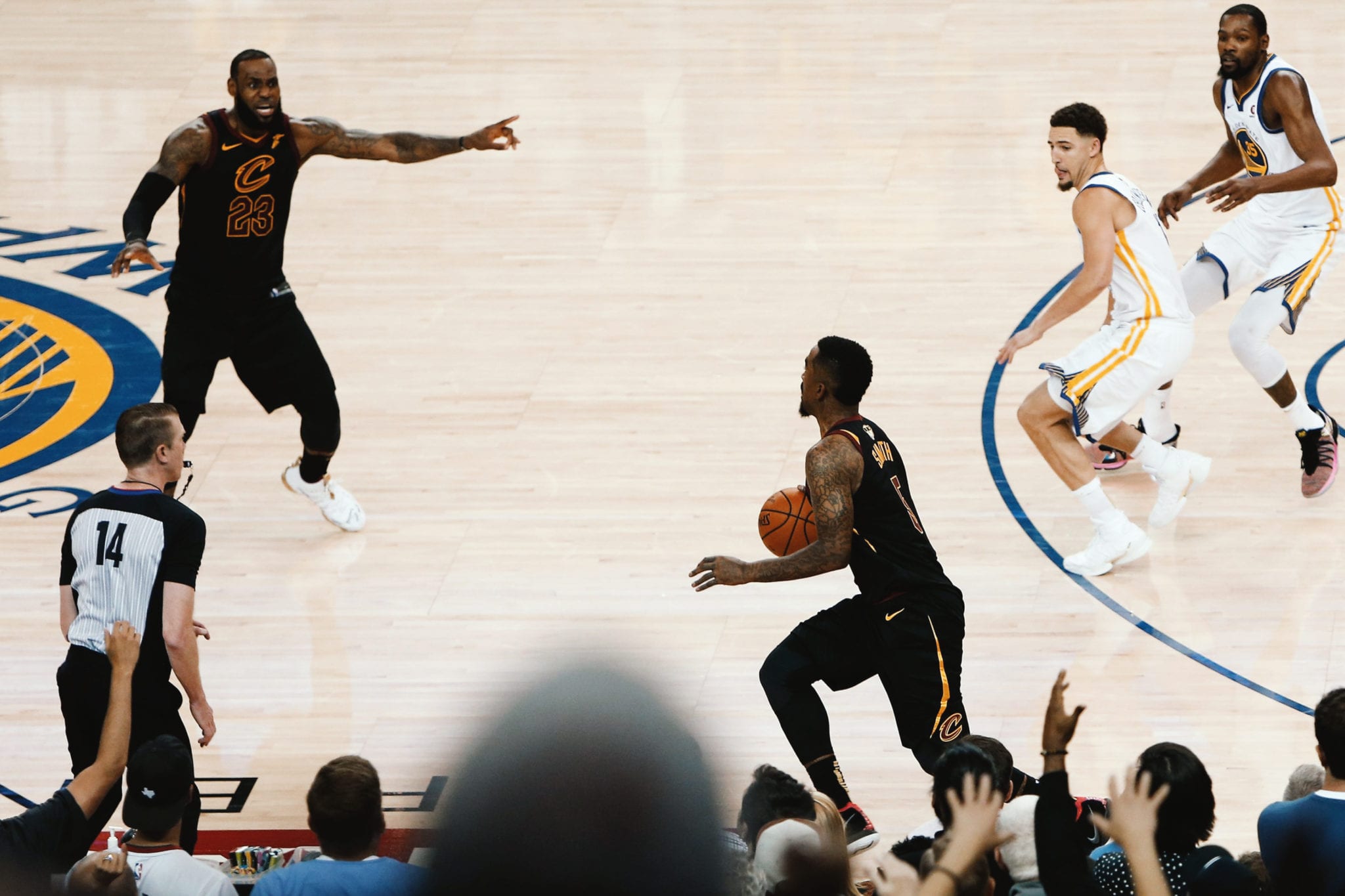 WRONG WAY: LeBron James watches his 51-point performance in Game 1 of the 2018 NBA Finals go up in flames as JR Smith inexplicably runs away from Cleveland’s basket in the dying seconds of the game (May 31, 2018). 