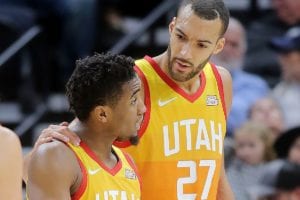 Jazz: Rudy Gobert and Donovan Mitchell speak during a game.