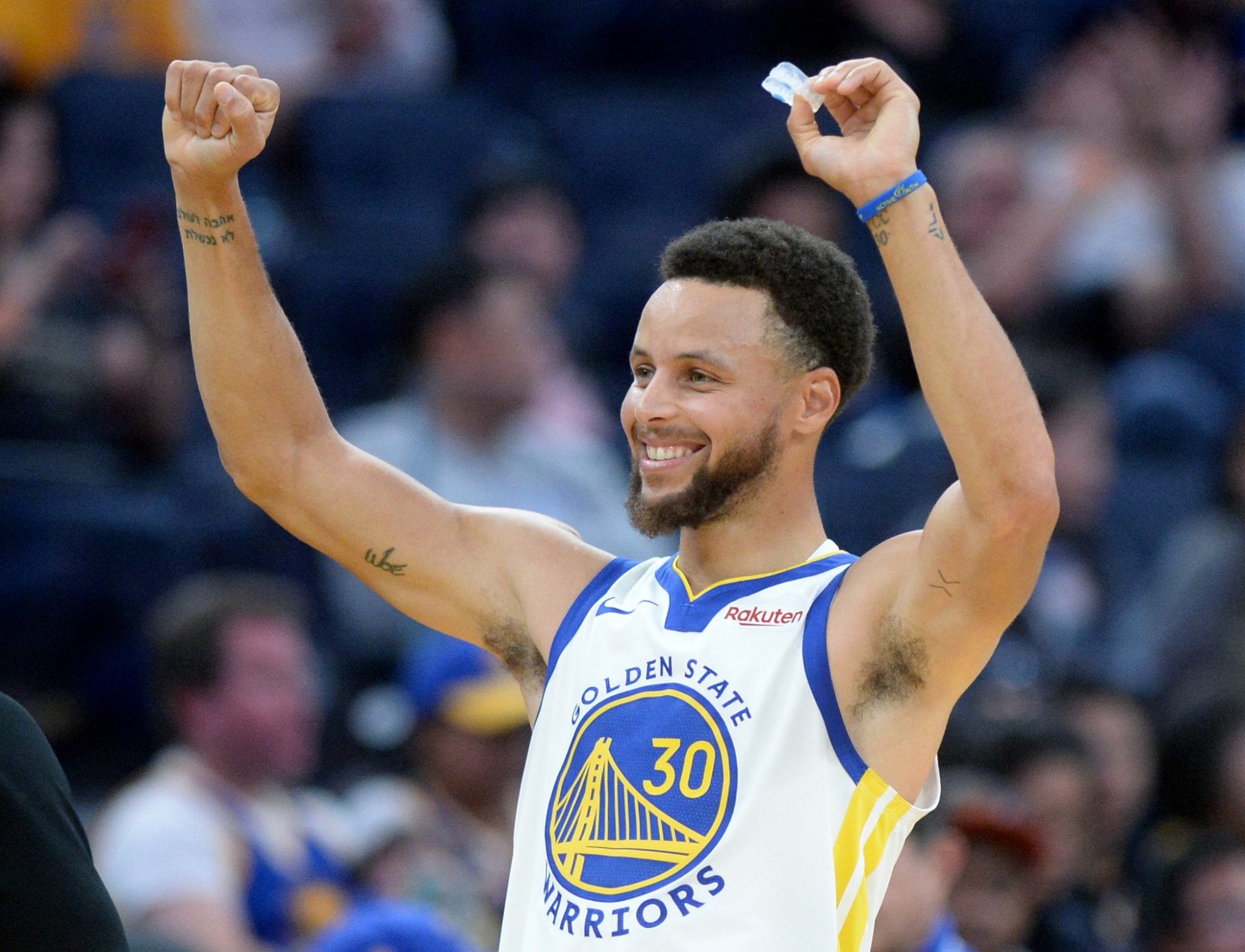 Golden State Warriors' Stephen Curry (30) celebrates the Warriors winning a challenge of a referees call in the second period of their NBA basketball game against the Minnesota Timberwolves at the Chase Center in San Francisco, Calif., on Thursday, Oct. 10, 2019. (Doug Duran/Bay Area News Group)
