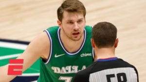 Luka Doncic of the Mavs complaining to a ref.